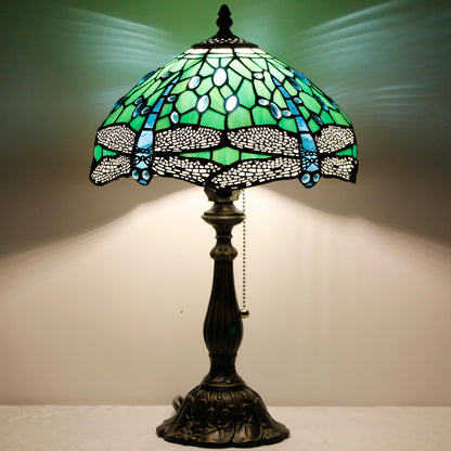 ZJART Tiffany Table Lamp Stained Glass Lamp 12X12X19 Inch Antique Reading Light (Green Dragonfly)