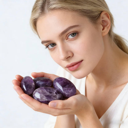 UFEEL Amethyst Palm Stone Crystal Natural Chakra Therapy Polished Healing Crystal Oval Pocket Gemstone for Anxiety Stress Relief