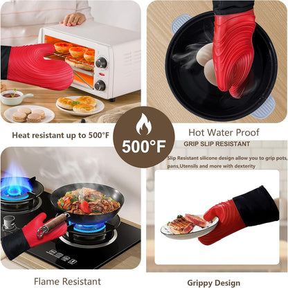 Silicone Oven Mitts - Red Heat Resistant 500F 13.6 in Waterproof Grippy Design for Cooking and Baking