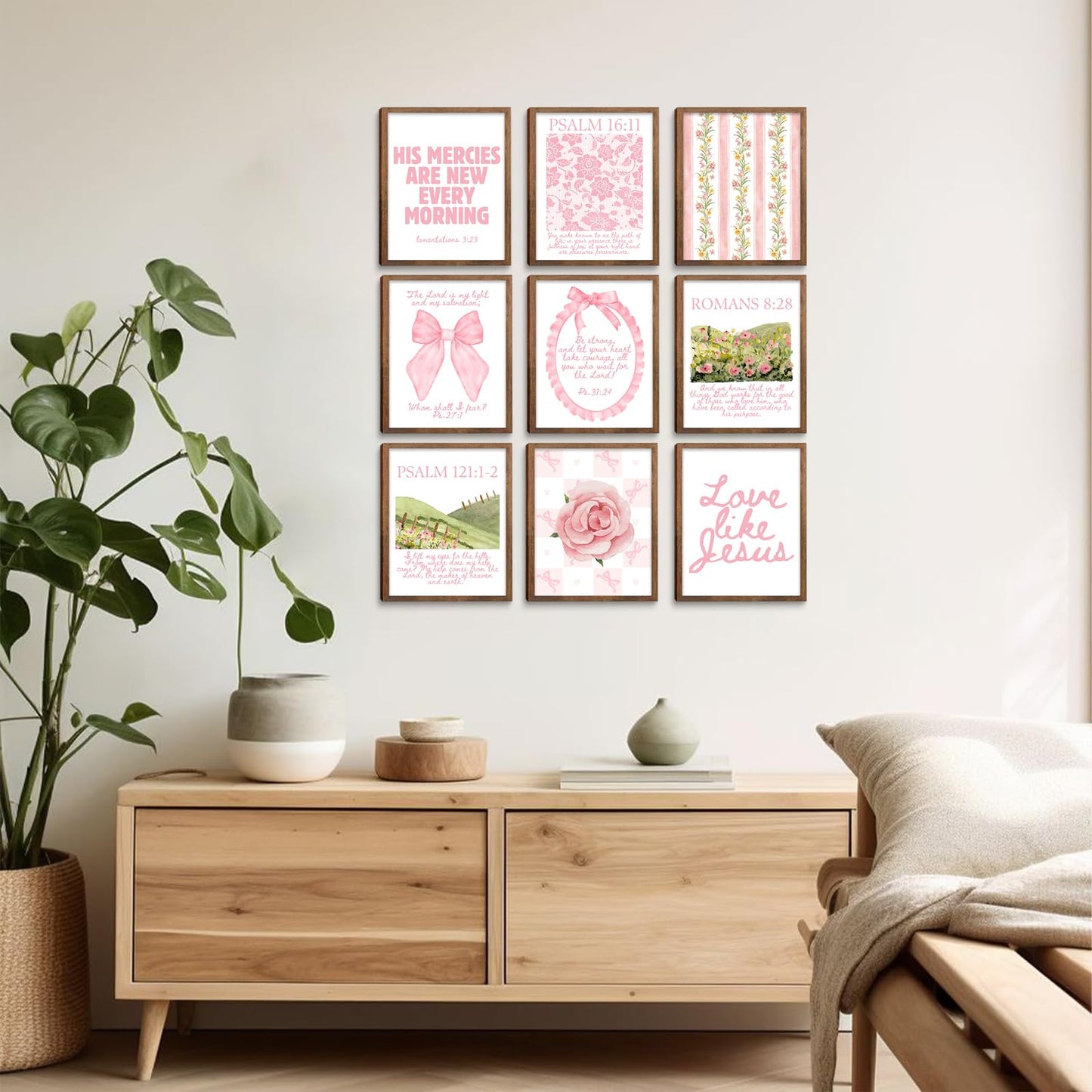 Christian Wall Art Pink Bible Verse Canvas Posters Coquette Bow Room Wall Decor Jesus Scripture Pictures Trendy Preppy Christian Floral Aesthetic Prints for Girls Bedroom 8x10xInch Set of 9 Unframed