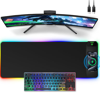 Mouse Pad with Wireless Charging, Large Desk Mat RGB Gaming Mousepad, 10 Light Colors LED Gaming Pad Keyboard Pad with Ultra-Smooth Surface & Non-Slip Rubber Base, Waterproof Full Desk Mouse Pad