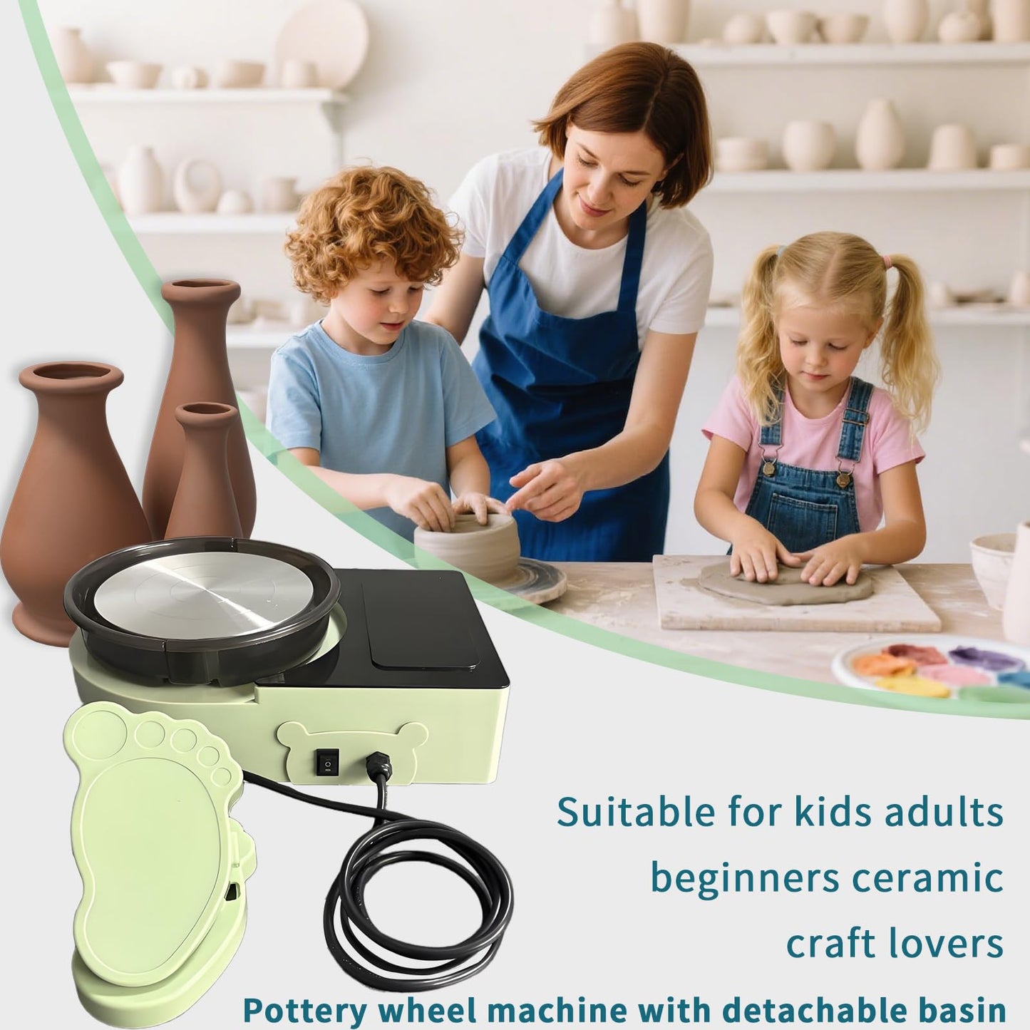 Pottery Wheel Machine with Foot Pedal, 6" Turntable Two-Way Rotation Clay Wheel，Electric Ceramic Forming Machine with Detachable Basin,DIY Clay Potter's Wheel Kit for Kids and Beginners Adults at Home