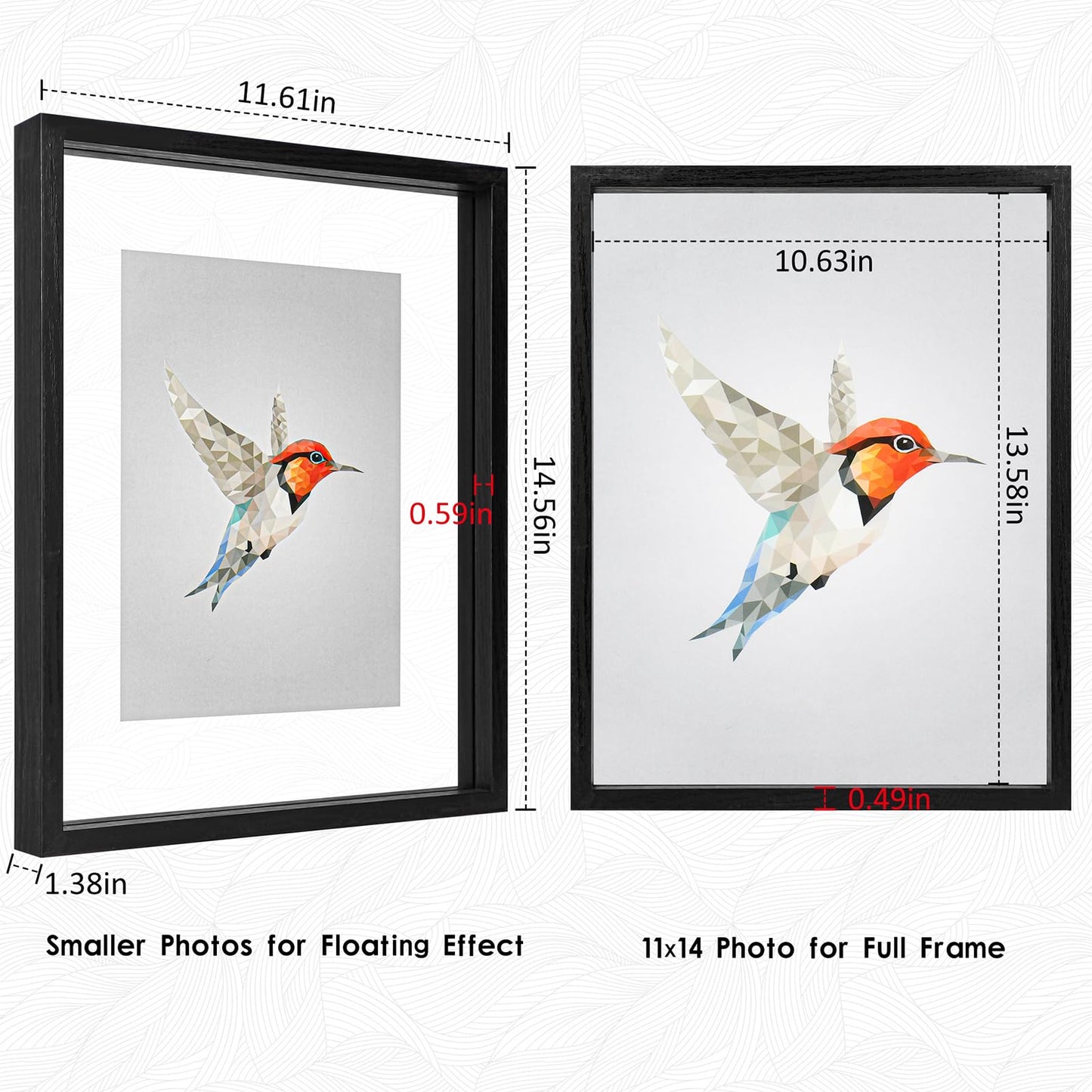 MUYE 11x14 Floating Frames Set of 2,Double Glass Picture Frame Display Any Size Photo up to 11x14,Wall Mount or Tabletop Standing,Black