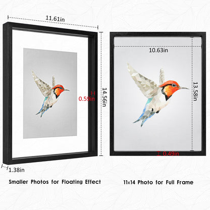 MUYE 11x14 Floating Frames Set of 2,Double Glass Picture Frame Display Any Size Photo up to 11x14,Wall Mount or Tabletop Standing,Black