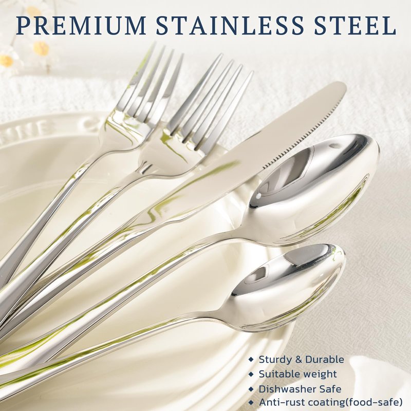 Astercook Silverware Set with Steak Knives 24-Piece Flatware Set for 4 Food-Grade Stainless Steel Cutlery Set Mirror Polished Utensils Set Include Spoons and Forks for Home Gifts for Women