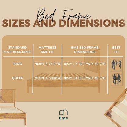 Bme Vivian 14 Inch Deluxe Bed Frame with Headboard, Rustic & Scandinavian Style with Solid Acacia Wood, No Box Spring Needed, 12 Strong Wood Slat Support, Easy Assembly, Queen, Rustic Golden Brown