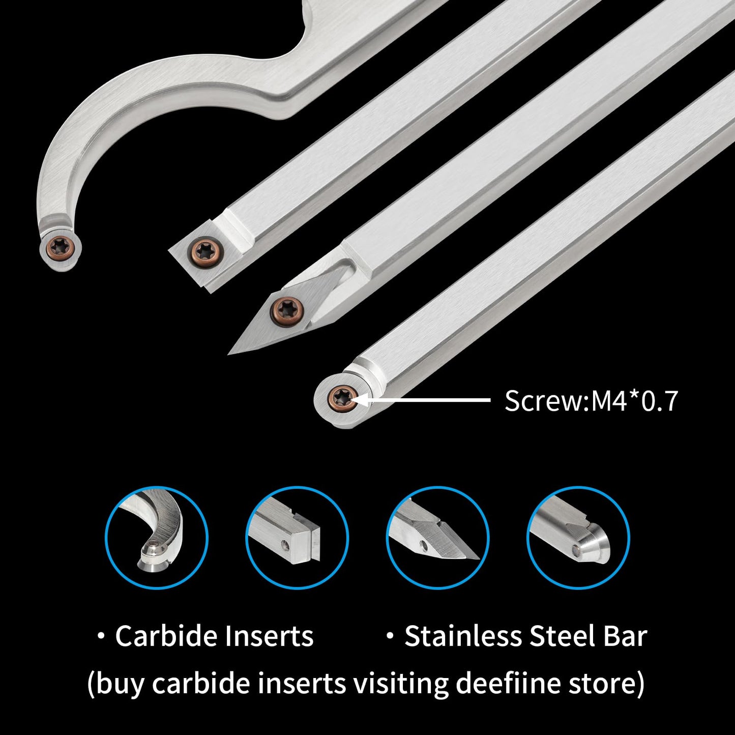 DEEFIINE Carbide Tip Wood Lathe Turning Tool set With Bowl Sander, Lathe Roughing and Finishing Hollowing Tool Interchangeable Aluminum Alloy Handle with 4pcs Carbide Inserts For Woodturning（Black）