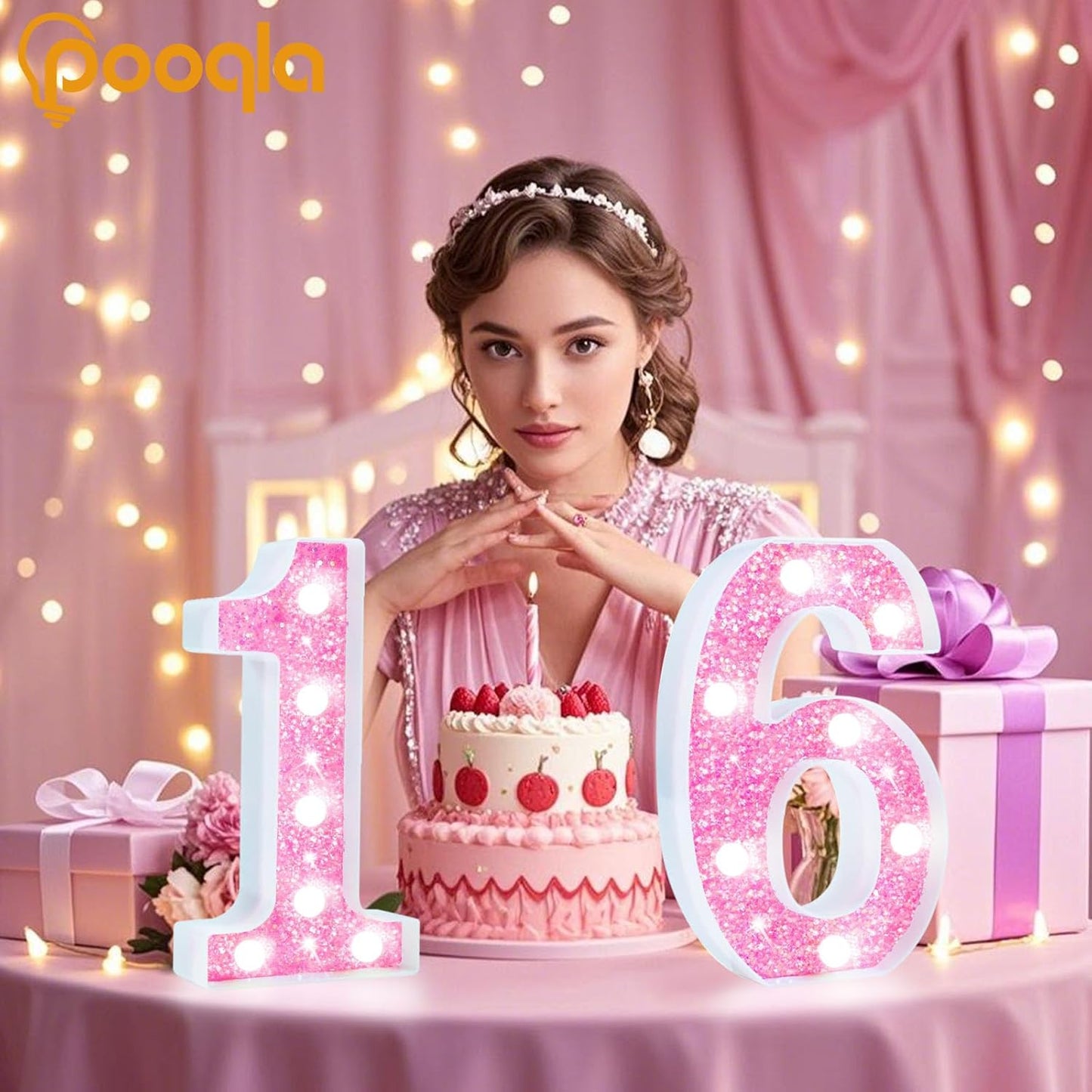 Pooqla LED Marquee Letter Lights, Light Up Letters Glitter Letter Sign Girls Gift, Battery Powered Night Light Pink