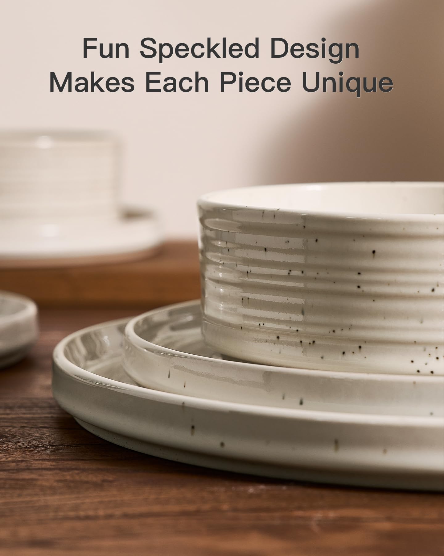 Famiware Premium 24-Piece Stoneware Dinnerware Set – High Edge Plates and Bowls with Reactive Glaze, Speckles & Spirals, Scratch Resistant Dishes, Dishwasher Safe, Service for 8, Gift Box, Shell Beige