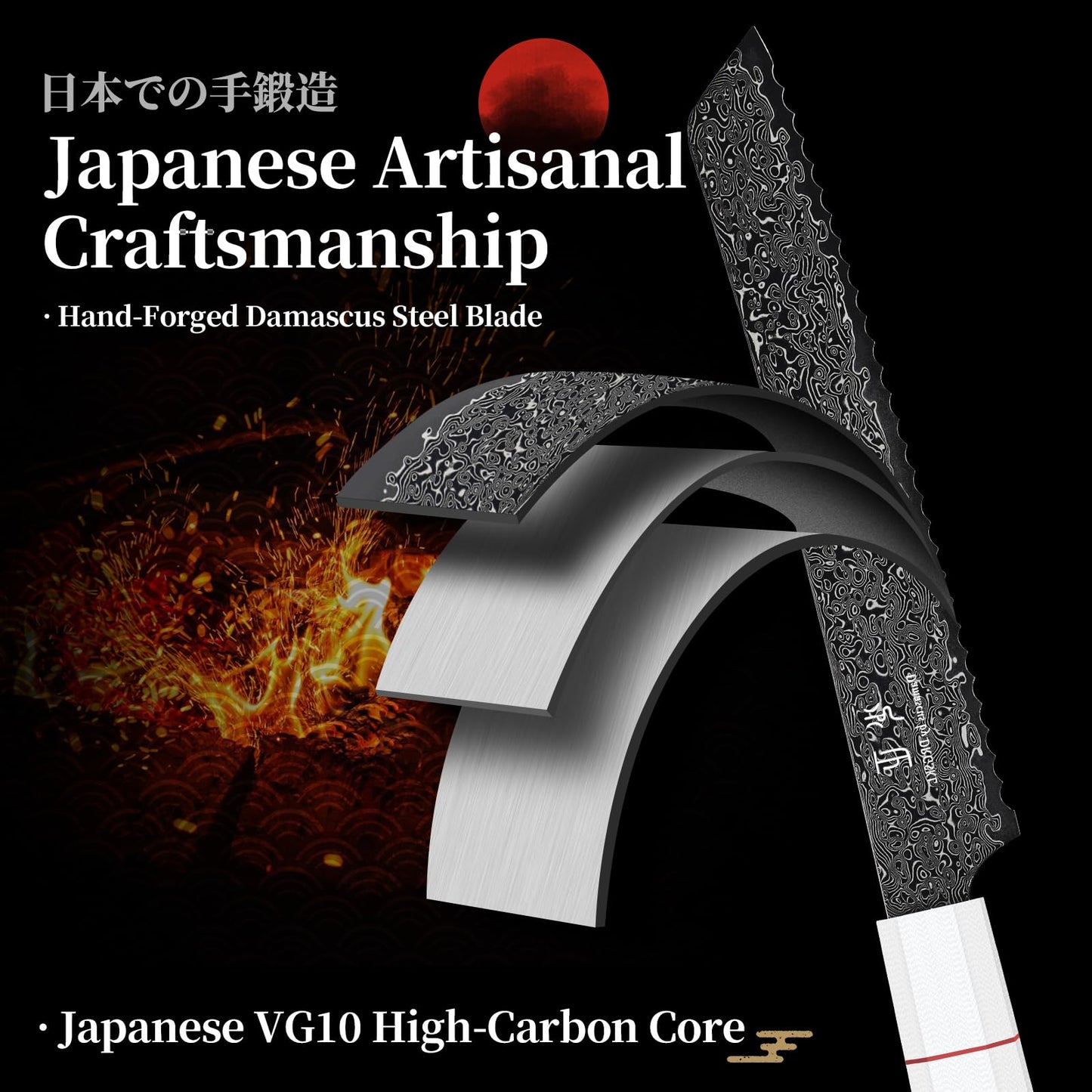 DRGSKL Damascus Serrated Bread Knife - VG10 Serrated Knife for Homemade Bread - Japanese G10 Handle - Slicer Knives with Wide Wavy Edge for Sourdough Baguette - with Gift Box
