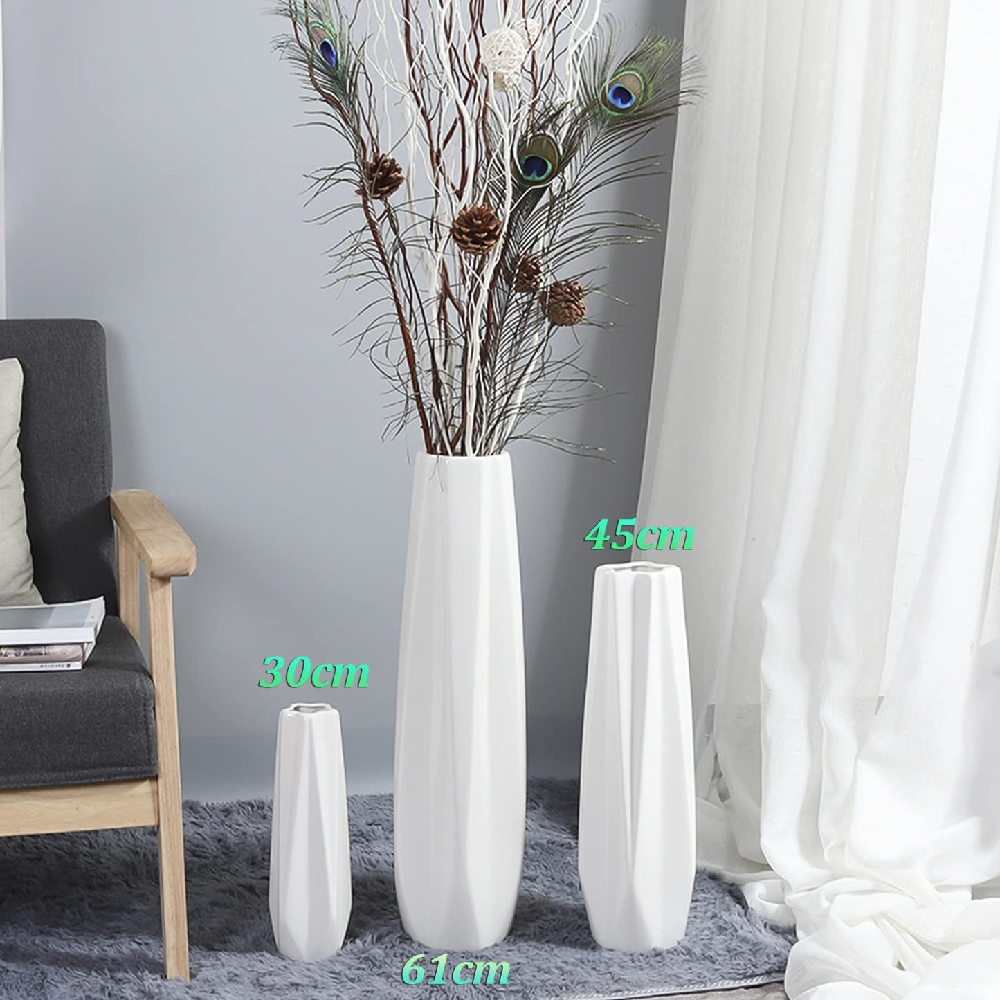 Floor Vase Ceramic Vase,Decorative Large,Floor,Large Floor Vase,White Ceramic Vase,Handcrafted,Sophisticated Vessel for Decorative Branches and Dried Flower,WHI,White-61cm
