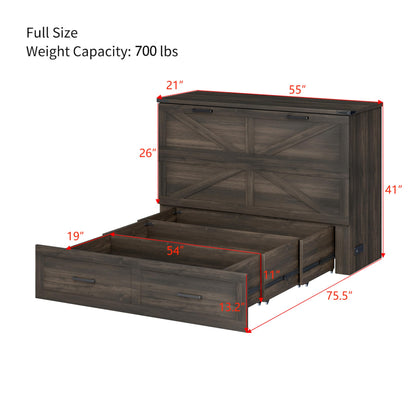 Bellemave Full Size Murphy Bed with Charging Station and Storage, Farmhouse Murphy bedframe with Foldable Panel, Noisy Free, for Guest Bedroom, Living Room, Office, Rustic Gray