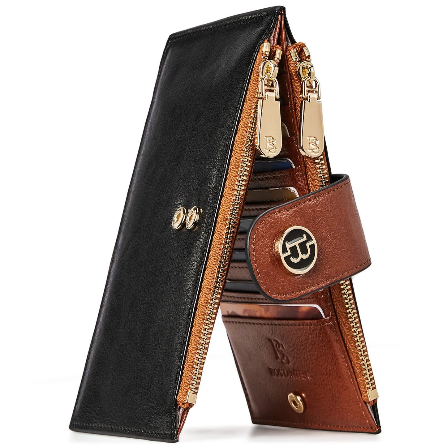 BOSTANTEN Leather Wallets for Women Large RFID Blocking Slim Bifold Purse Card Holder with Zipper Pocket Black＆Brown