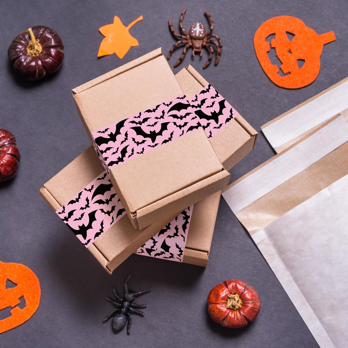 Whaline 109 Yard Halloween Packing Tape Pink Black Bat Decorative Gift Wrapping Tape for Small Business DIY Crafts Box Carton Decor