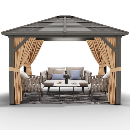 10' x 12' Hardtop Gazebo, Permanent Outdoor Pavilion with Single-Tier Hardtop Roof, Thickened Mosquito Netting, Double Track & Double Zipper Design for Patio, Lawn, Garden, Brown