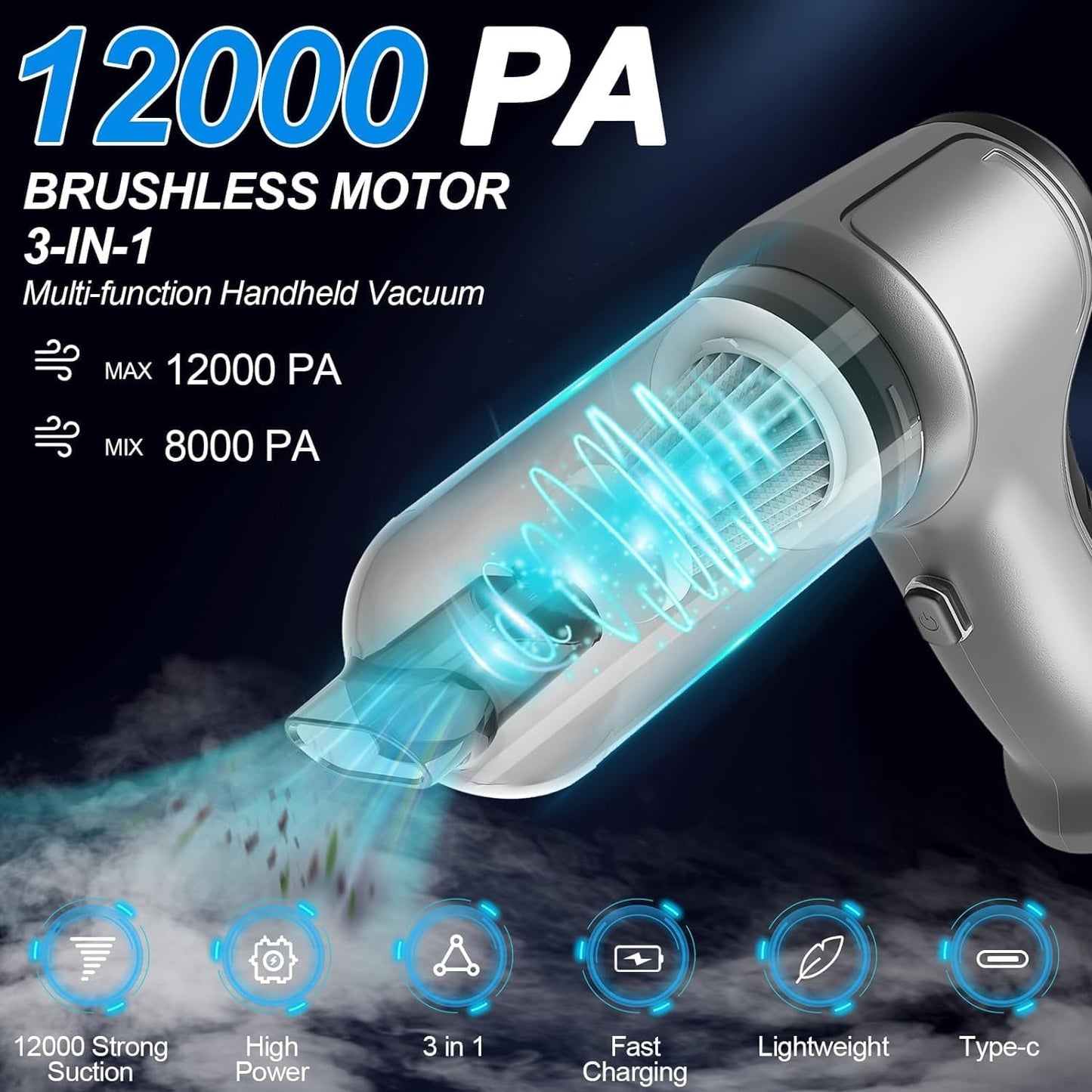 Mini Handheld Vacuum Cleaner Cordless, Portable Rechargeable with High Power Brushless Motor 12000 PA