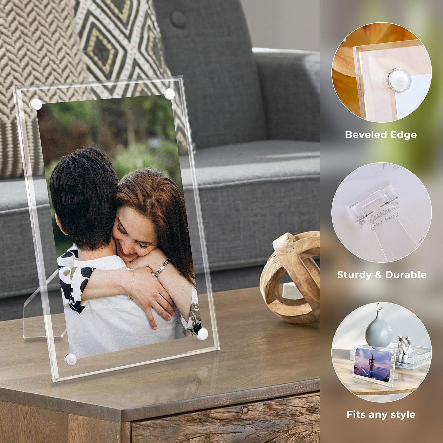 3 Pack 4x6 Acrylic Picture Frames with Stand, Floating Effect, Frameless Frame with Strong Magnets, for Wedding Sign Reception, Decoration, Photos and Art Display