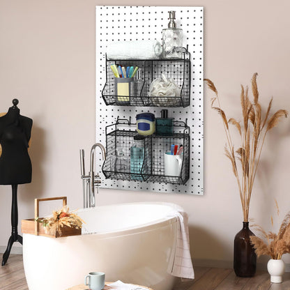 Huwena 2 Pcs Tiered Pegboard Baskets Bins Set with 4 Hooks Black Pegboard Parts Storage System Metal Garage Tool Organizer for Workbench Bathroom Kitchen Accessory Storage(2 Grid,Black)
