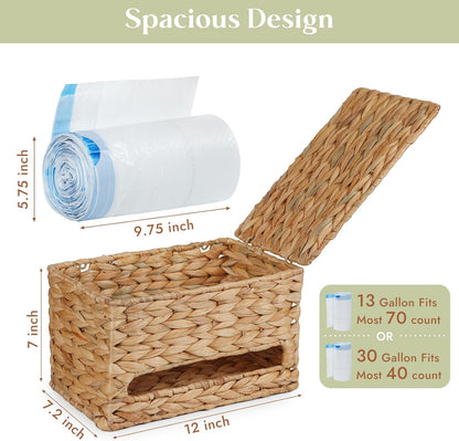 Countertop YANGQIHOME Trash Bag Dispenser with Lid, Water Hyacinth Plastic Bag Holder & Grocery Bag Holder for Kitchen