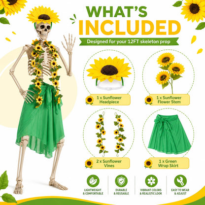 Yi-gog 5Pcs 12 Ft Skeleton Costume Set Halloween Skeletons Outfit Sunflower Headband Sunflower Vine Garlands Green Wrap Skirt Halloween Accessories