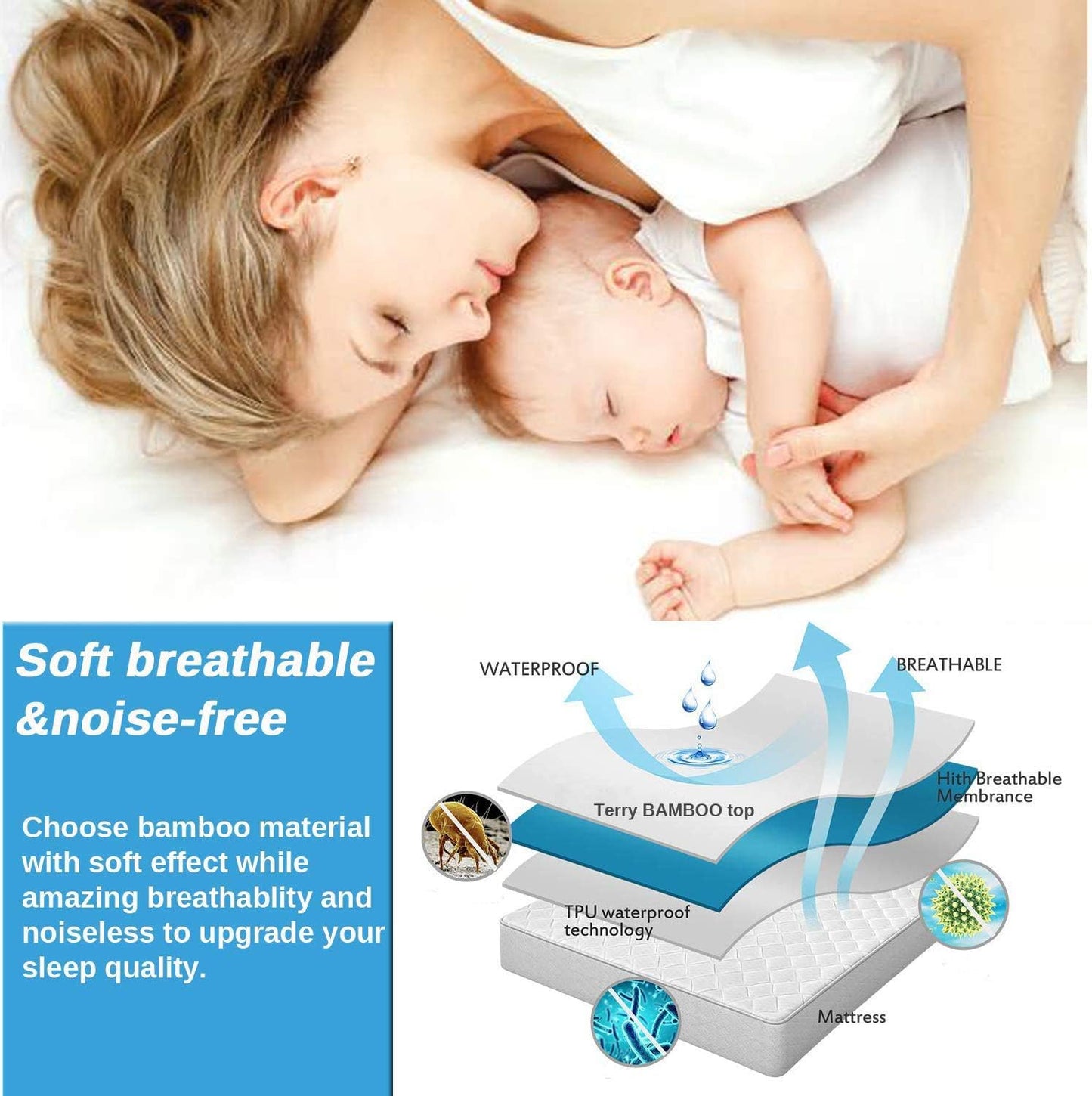 Twin Size Waterproof Cooling Mattress Protector Pad, Soft Noiseless Fitted Sheet Style for Kids Adults, White