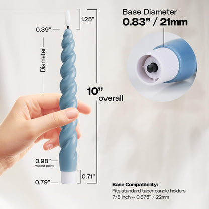 West Ivory Full Twisted Spiral Flameless LED Taper Candles – Dusty Blue, Set of 2 – 2/4/6/8-Hr Timer (24-Hr Memory), Remote, Dimmable, Bottom On/Off Button, Flicker/Steady, Battery Operated