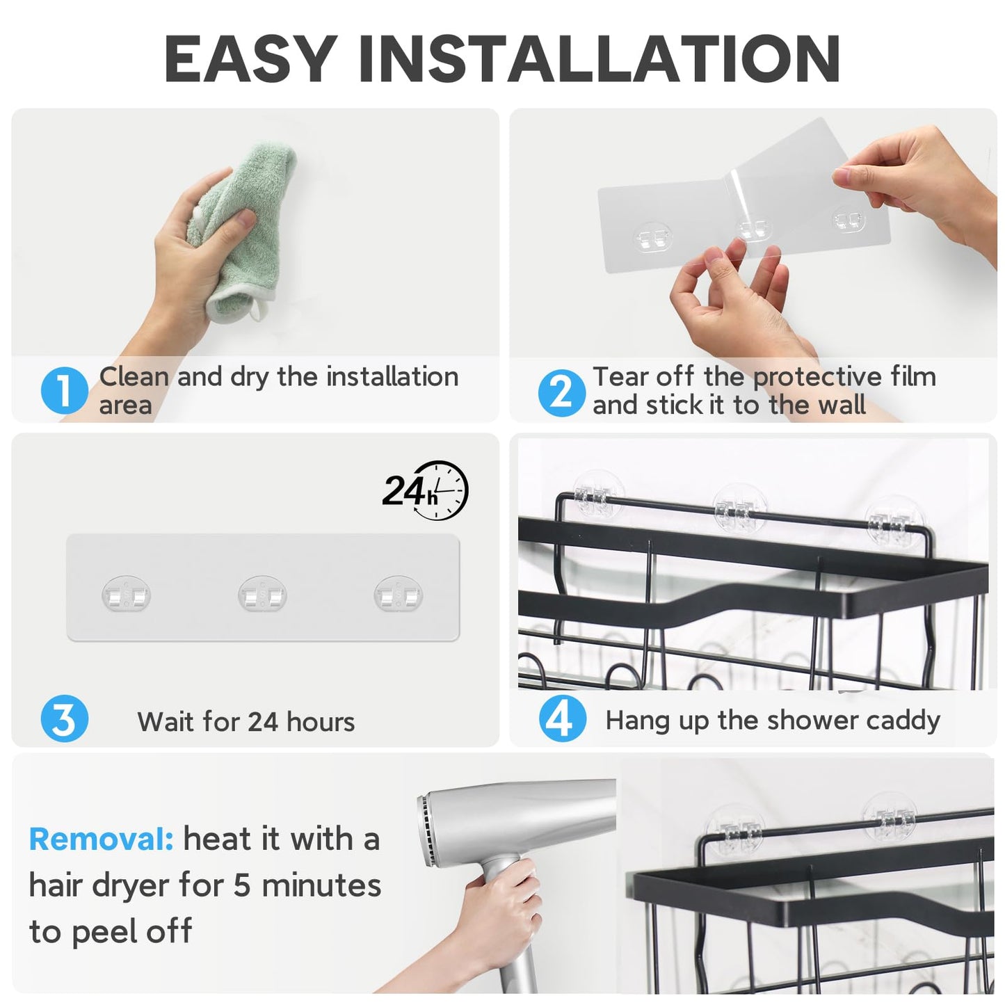 FEPTUASE Shower Caddy Adhesive Replacement, Double Hooks No Drilling, Transparent Strong Adhesive Waterproof for Shower Caddy, Bathroom Storage Shelves, Kitchen Racks (Double Hooks * 8pcs)