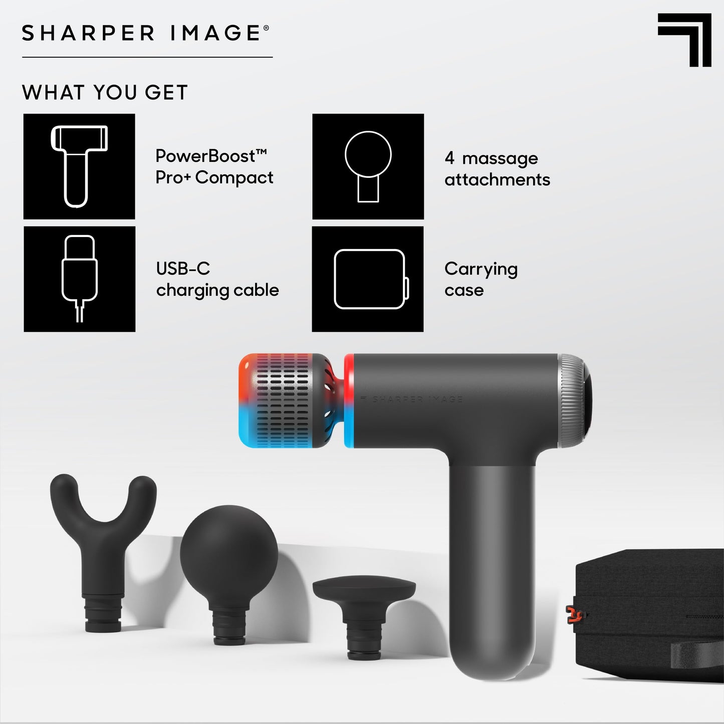 Sharper Image® Powerboost® Pro+ Hot & Cold Deep Tissue Massage Gun - 6 Speeds, 6 Attachments, 5-Hour Battery, Travel Case, Charging Base, Shoulder & Back Massager, Pain Relief Tool, FSA Eligible