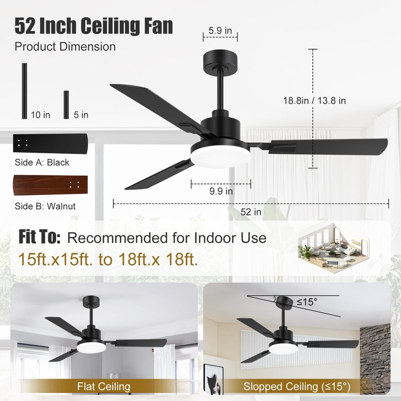ZYD Ceiling Fans with Lights, 52 Inch Ceiling Fan with Light and Remote, Farmhouse Black Fan with Quiet Reversible DC Motor, 3 Blade LED Ceiling Fan with Light for Living Room, Bedroom, Family Room