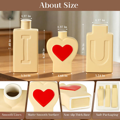 Ceramic Vase Set of 3, I Love U Matte Ceramic Vases for Home Decor, Romantic Decorative Flower Vases for Shelf, Bedroom, Coffee Table, Wedding Yellow Heart