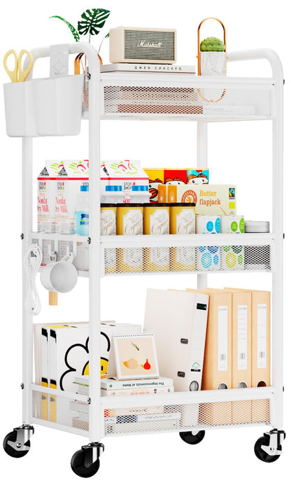 YASONIC 3 Tier Rolling Cart – Metal Utility Storage Carts with Wheels, Craft Carts Organizer with Hanging Cups, Hooks, Mesh Basket for Bedside Kitchen Office Art, White