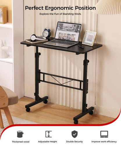 KLSMYHOKI Portable Standing Desk Adjustable Height, Small Computer, Laptop, Mobile Stand Up Rolling Desk with Wheels, Table for Home Office, 16"x31.5" Height 27"-43.5", White