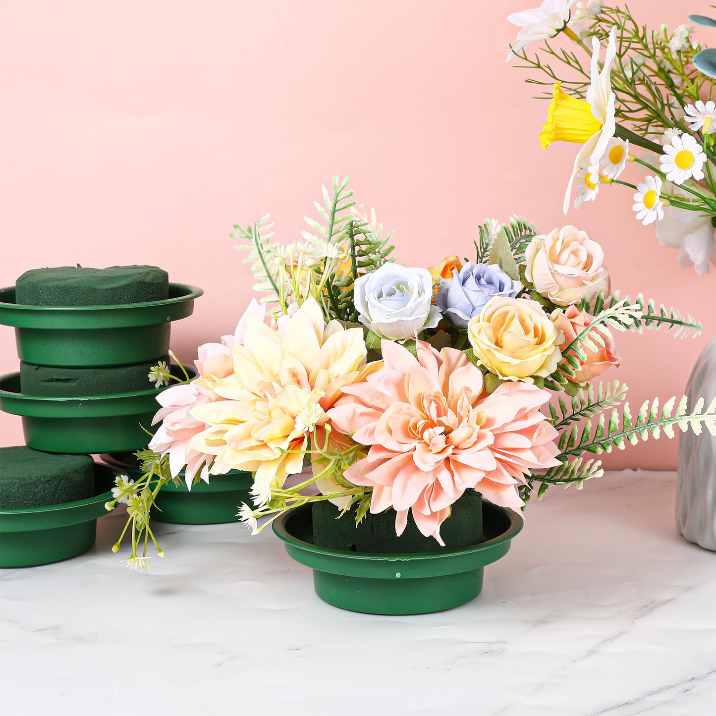 16 Pack Round Floral Foam with Bowls, Green Wet Flower Arrangement Kit, DIY Supplies for Wedding Birthday Party Table Centerpiece Decor, Fresh Artificial Flowers