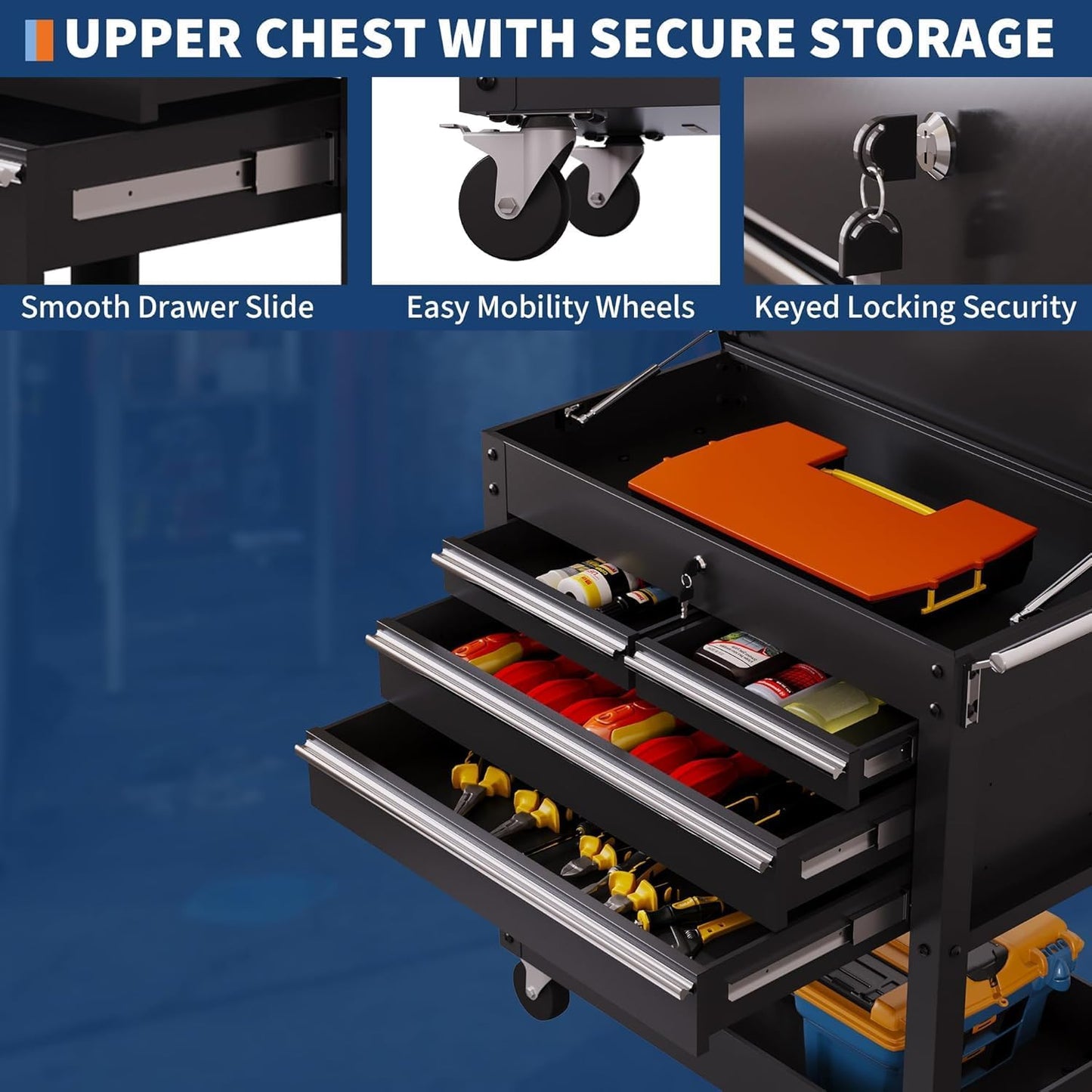 Garvee 4-Drawer Rolling Tool Chest, Heavy-Duty Steel Tool Box Cart with Lock, Garage Organizer Storage Cabinet with Drawers and Wheels, for Workshop, Warehouse, Repair Shop