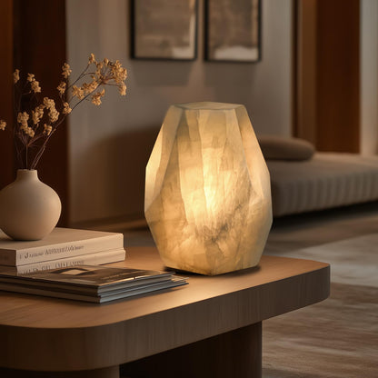 Artsolute Handcrafted Solid Stone Lamp Carved from Natural Calcite, Unique Crystal Texture, Dimmable Small Table Lamp for Bedside, Accent, Pentagon White