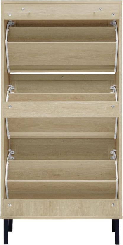 ZeHuoGe Natural Rattan Shoe Storage Rack - Modern 3-Tier Cabinet with 3 Flip Drawers for Entryway