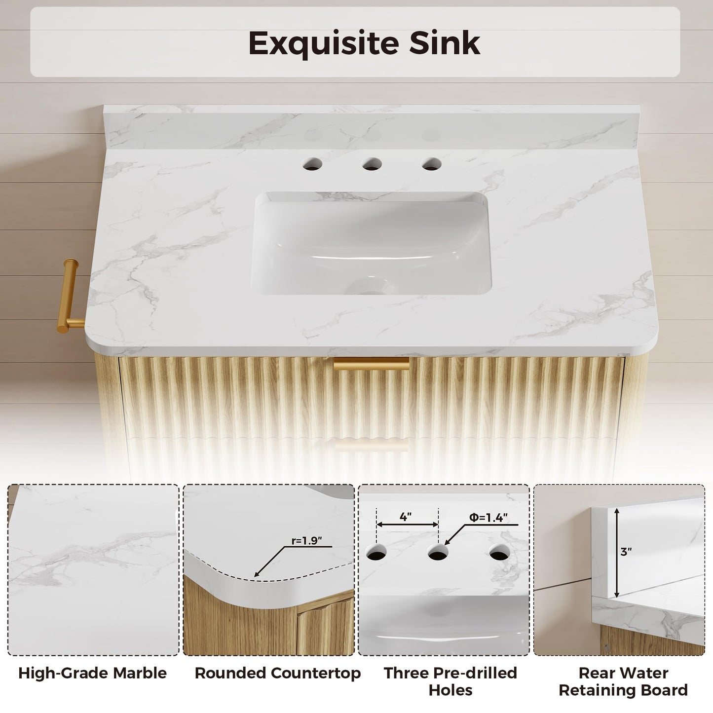 IRONCK 36 inch Bathroom Vanity with Ceramic Sink, Freestanding Wood Grain Sink Cabinet with 3 Storage Drawers (2 Standard + 1 Flip-Down), Farmhouse