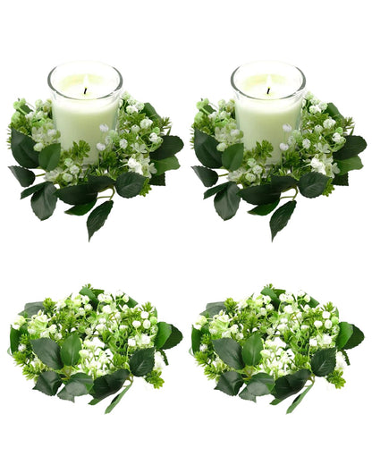 4 Pack Candle Rings Artificial Mini Greenery Wreaths for Candles 3 Inch Center Eucalyptus Floral Wreath for Wedding Centerpieces Party Home Table Window Decor White Green