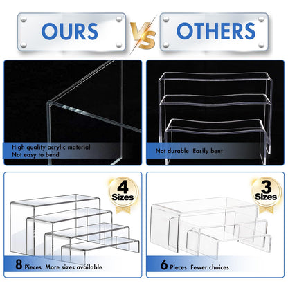 Aheroi Large Acrylic Risers, 8 Pcs 2 Set(7”L~8”L~9”L) Acrylic Display Set Rectangular Stands Shelf Clear Display Risers for Decor, Cake Shelves Retail Shoe Showcase