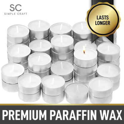Simple Craft 100 Pack Tea Lights Candles - Unscented Tealight Candles Pack - Long Lasting Paraffin Wax Small Candles in Bulk - Smokeless & Dripless Tea Light Candles for Home, Parties, Weddings