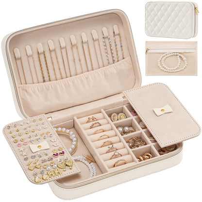 Lolalet Travel Jewelry Case for Women Girls, Travel Jewelry Organizer Box with Mirror & Clear Storage Bag, Small Portable Earring Necklace Bracelet Ring Case, Birthday Valentine Gifts -Medium, White