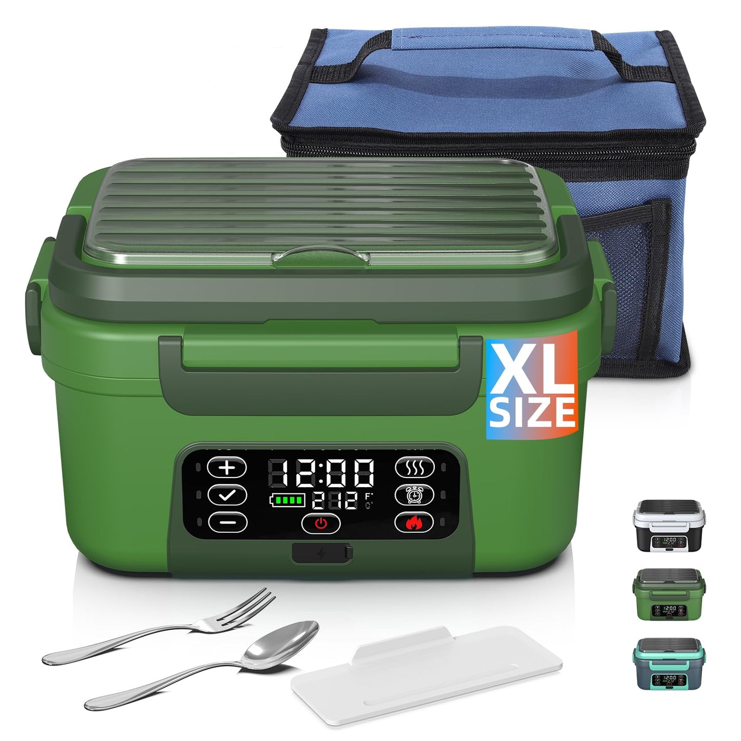 Omboos Cordless Electric Heated Lunch Box, XL 6.3Cups Rechargeable Food Warmer Lunch Box with Self Heating, Smart Timer, Adjustable Temperature, Leakproof, BPA Free, Removable Divider Green