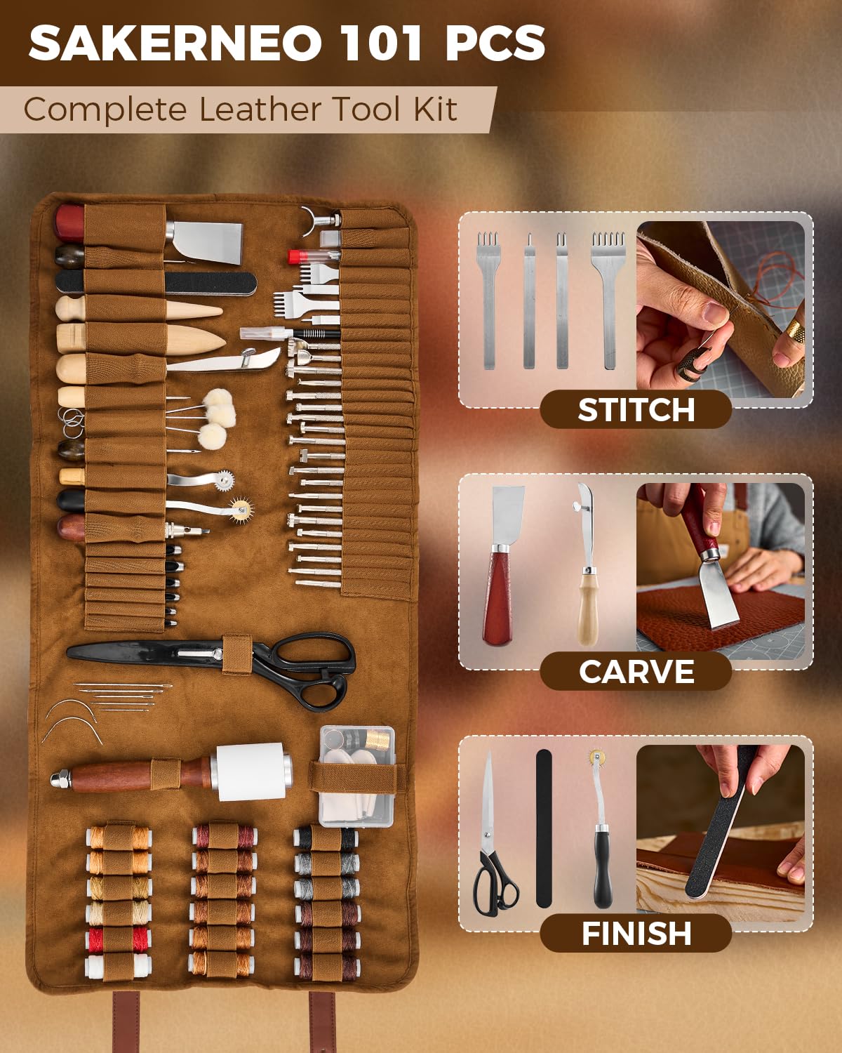SakerNeo Leather Working Tools - 101pcs Stainless Steel & Wood Handle Sewing kit with 4mm Stitching chisels (1/2/4/6), 18 Waxed Thread, Hole Punch & Stamping Tools for DIY Wallet Belt Bag Repair