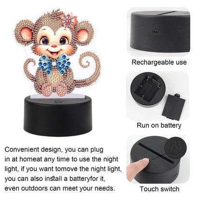 JZHYOAN Monkey Diamond Painting Night Light DIY Gem Painting Table Lamp Diamond Art Table Lamp Gift Light up Art Ornaments for Table Desk Bedroom Mosaic Cross-Stitch Set for Adult