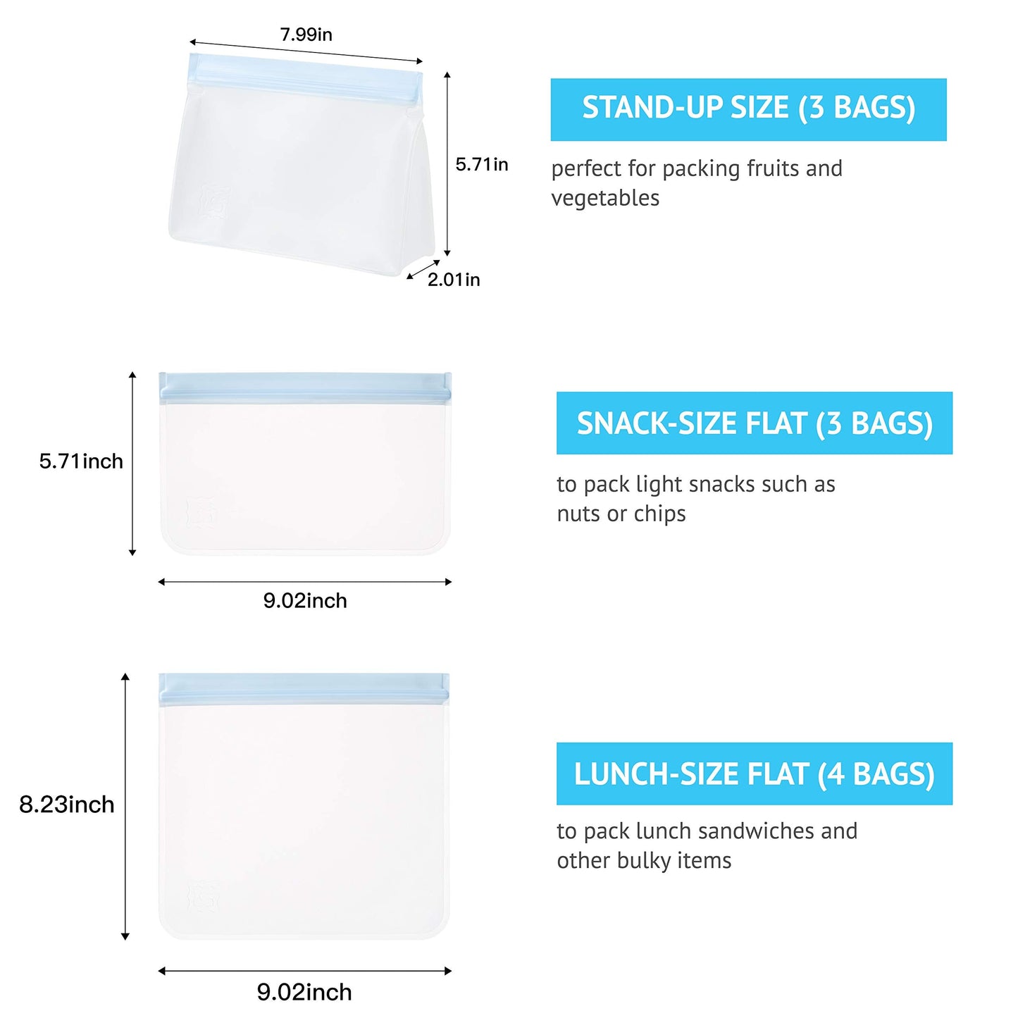 Gridlabs Reusable Storage Bags | Premium Set of 10 Bags | Perfect Food Bags for Lunch Sandwich and Kids Snacks | Leakproof Extra Thick Food Safe Material – Freezer Safe