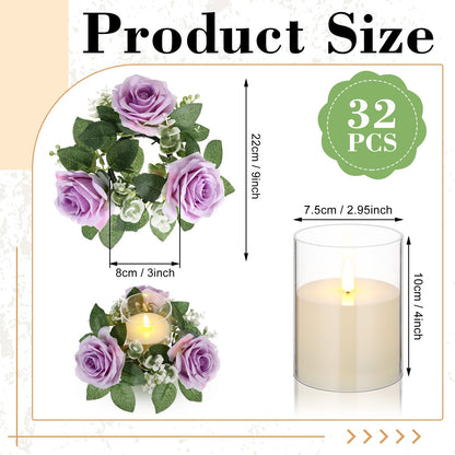 Yunlly 32 Pcs Rose Candle Rings with Flameless Candles Sets, Artificial Flower Eucalyptus Wedding Centerpiece 3 Inch Pillar Candleholders Wreaths for Wedding Party Mother's Day (Purple)