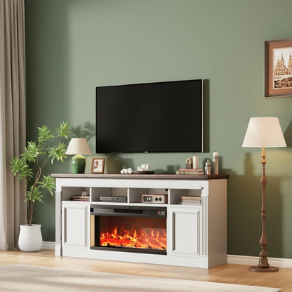 GarveeLife 68" Fireplace TV Stand for TVs Up to 75", Entertainment Center with 36'' Corded Electric Fireplace, Remote Controlled Realistic 3D Flame, Console Table with Storage Shelves, White & Brown