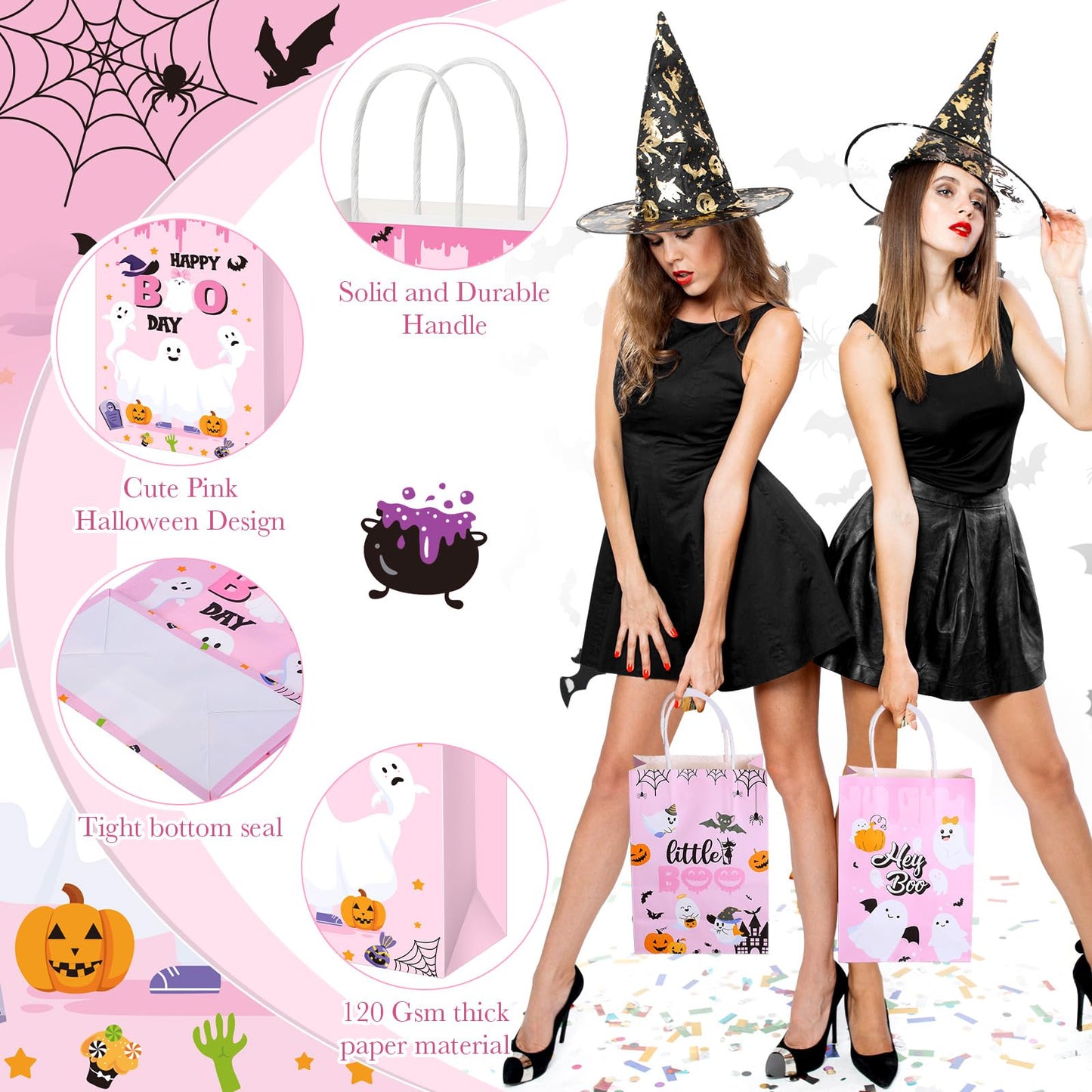 Kolldenn 48 Pink Halloween Snack Bags with Handle Hey Boo Treat Bags Bulk Pink Party Favors for Halloween Parties & Decor