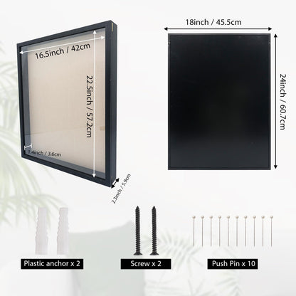 GraduationMall 18x24 Wood Shadow Box Frame Glass Door Display Case with Linen Back and 6 Stick Pins,1.5 inches Interior Depth,Ideal for Memorabilia Pictures Flowers Medals Tickets Rustic Black