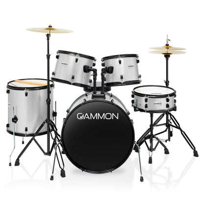 Gammon Percussion Full Size Complete Adult 5-Piece Drum Set with Cymbals, Stands, Stool, and Sticks - Silver
